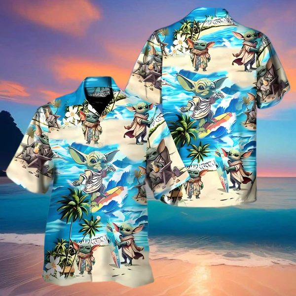 Baby Yoda Starwars Surfing Trending Hawaiian Shirt