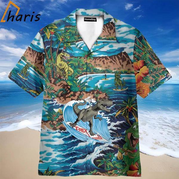 Dinosaur Surfing On Tropical Island Hawaiian Shirt