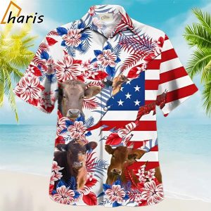 Gelbvieh In American Flag Tropical Flower Hawaiian Shirt