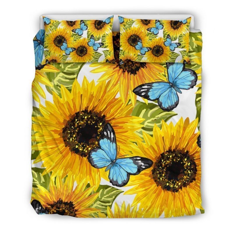 Blue Butterfly Sunflower Pattern Print Duvet Cover and Pillowcase Set Bedding Set Blue Butterfly Sunflower Pattern Print Duvet Cover and Pillowcase Set Bedding Set