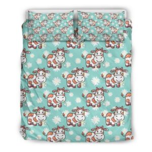 Cartoon Cow And Daisy Flower Print Duvet Cover and Pillowcase Set Bedding Set