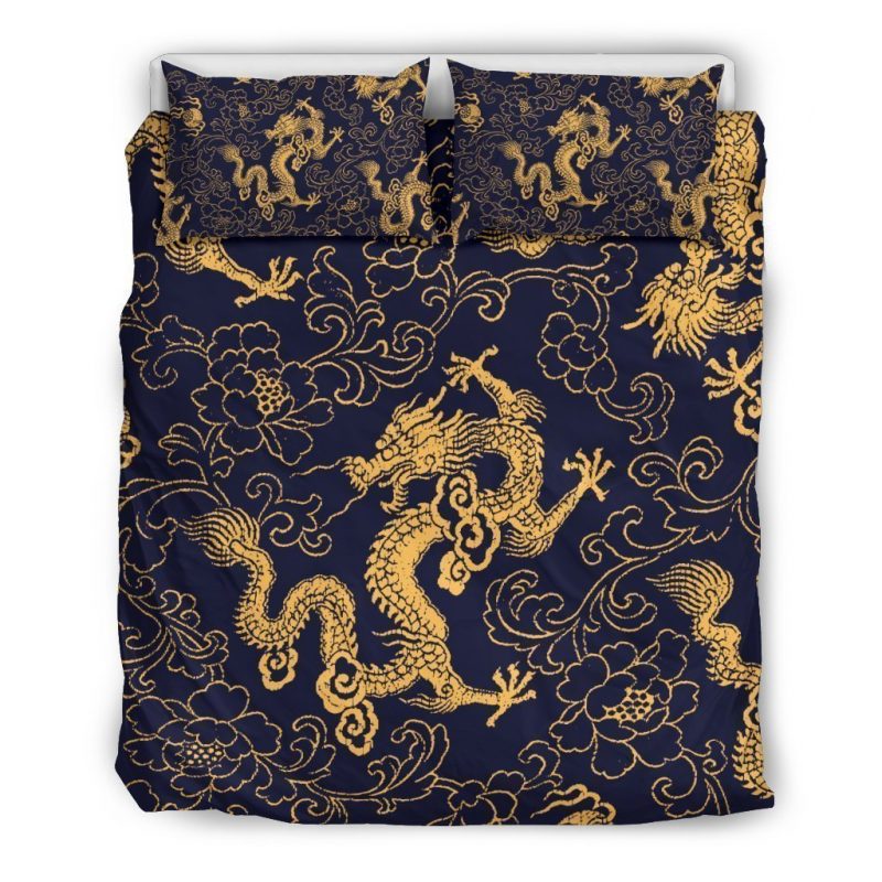 Gold Japanese Dragon Pattern Print Duvet Cover and Pillowcase Set Bedding Set Gold Japanese Dragon Pattern Print Duvet Cover and Pillowcase Set Bedding Set