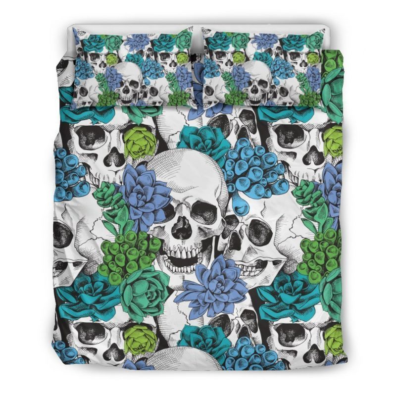 Green Blue Flowers Skull Pattern Print Duvet Cover and Pillowcase Set Bedding Set Green Blue Flowers Skull Pattern Print Duvet Cover and Pillowcase Set Bedding Set