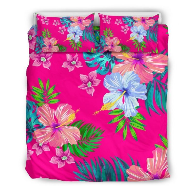 Hot Pink Aloha Hibiscus Pattern Print Duvet Cover and Pillowcase Set Bedding Set Hot Pink Aloha Hibiscus Pattern Print Duvet Cover and Pillowcase Set Bedding Set