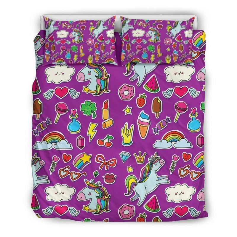 Purple Girly Unicorn Pattern Print Duvet Cover and Pillowcase Set Bedding Set Purple Girly Unicorn Pattern Print Duvet Cover and Pillowcase Set Bedding Set