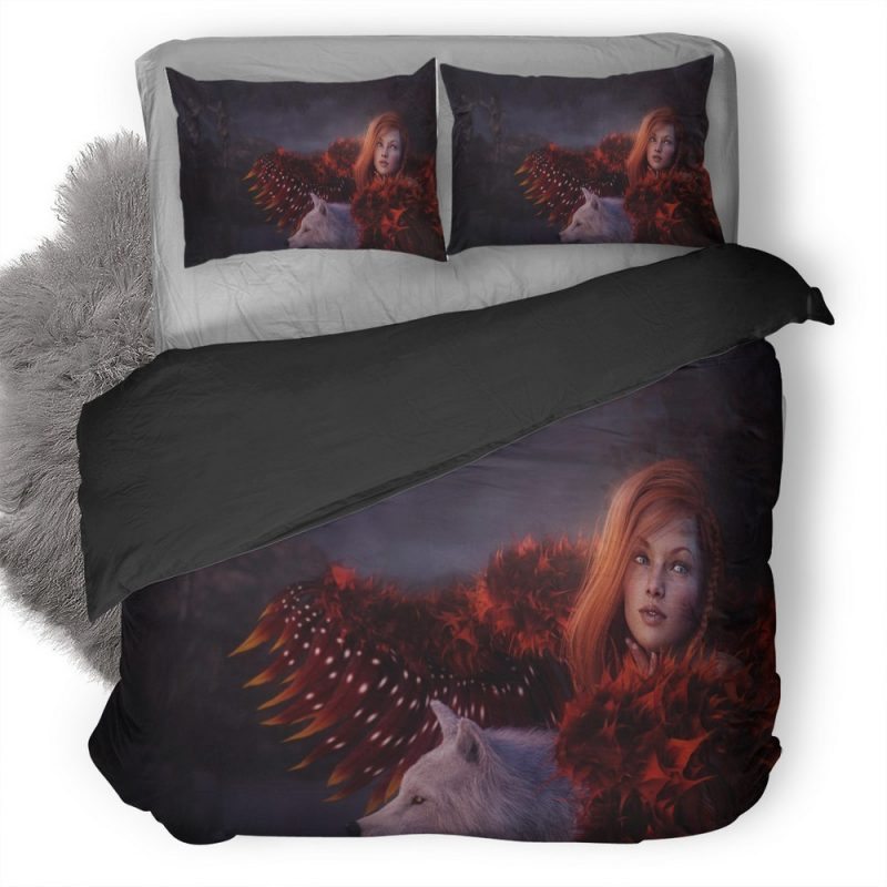 Red Head Girl With Wolf 7F Duvet Cover and Pillowcase Set Bedding Set Red Head Girl With Wolf 7F Duvet Cover and Pillowcase Set Bedding Set