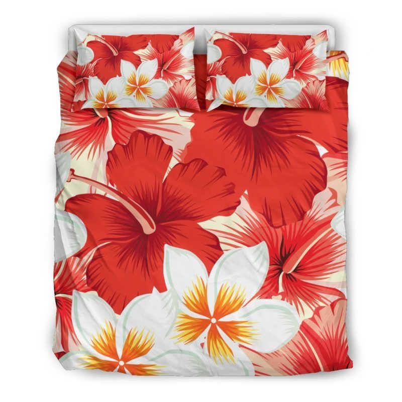 Red Hibiscus Plumeria Pattern Print Duvet Cover and Pillowcase Set Bedding Set Red Hibiscus Plumeria Pattern Print Duvet Cover and Pillowcase Set Bedding Set