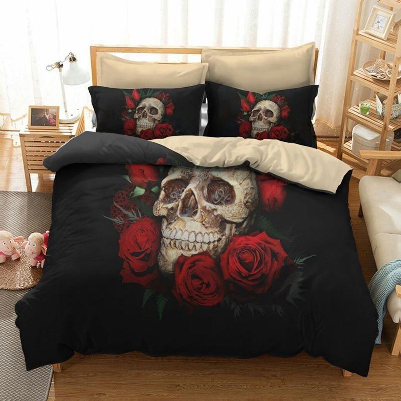 Red Rose Skull Duvet Cover and Pillowcase Set Bedding Set 433 Red Rose Skull Duvet Cover and Pillowcase Set Bedding Set 433