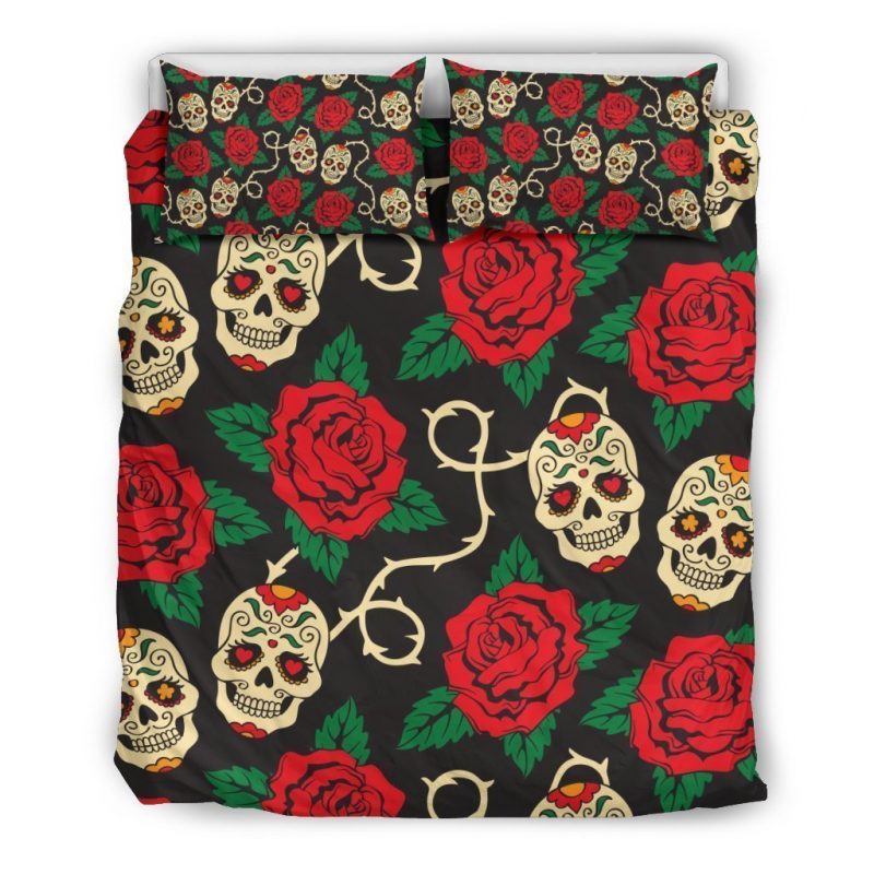 Rose Flower Sugar Skull Pattern Print Duvet Cover and Pillowcase Set Bedding Set Rose Flower Sugar Skull Pattern Print Duvet Cover and Pillowcase Set Bedding Set