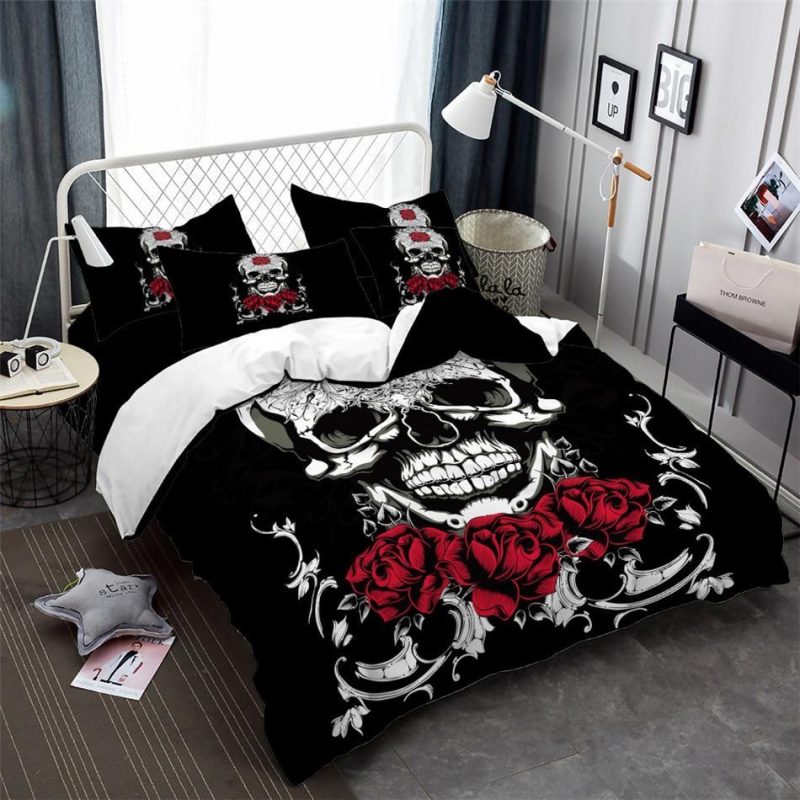 Sugar Skull With Rose Print Duvet Cover and Pillowcase Set Bedding Set 354 Sugar Skull With Rose Print Duvet Cover and Pillowcase Set Bedding Set 354