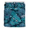 Teal Sugar Skull Flower Pattern Print Duvet Cover and Pillowcase Set Bedding Set